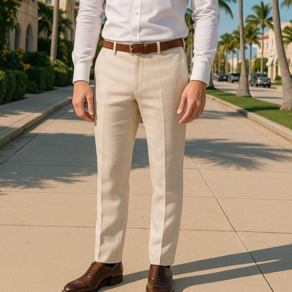 Perry Ellis 36x29 Portfolio Trouser Linen Pants Lightweight Mens Slacks Cream - Picture 1 of 14